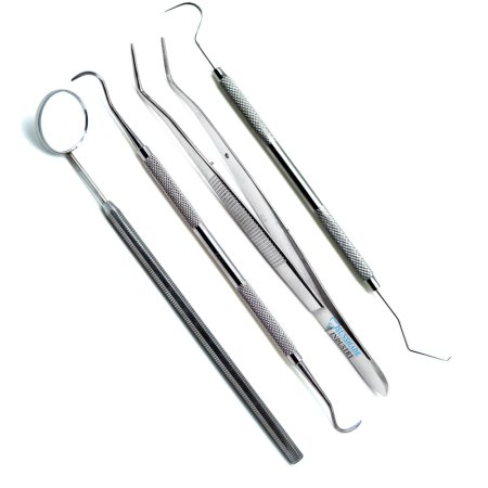  Dental Examination Set of 4 Instruments – Explorer, Sickle Scaler, Tweezer & Mirror 